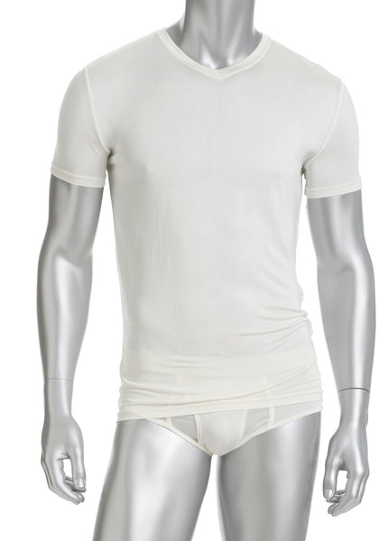 Mens V Neck T Shirt - 100% Silk - White