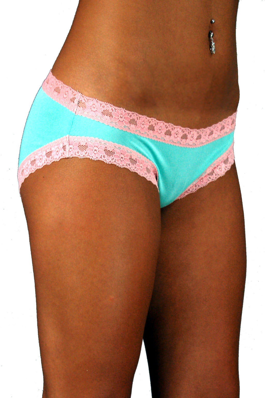 Brief - 100% Silk - Blue with Pink lace