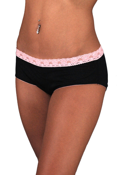Boy Shorts - 100% Silk - Black with Pink Lace