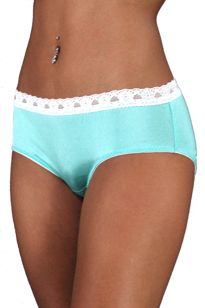 Boy Shorts - 100% Silk - Blue With White Lace