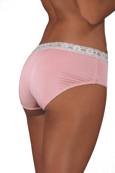 Boy Shorts - 100% Silk - Pink With Gray Lace
