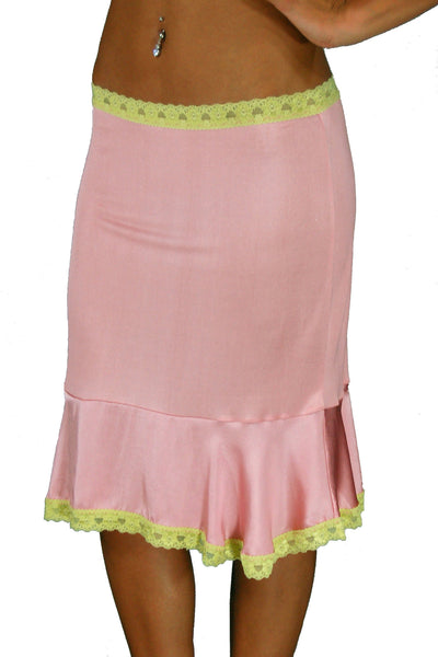 Half Slip - 100% Silk Knit - Pink With Green Lace