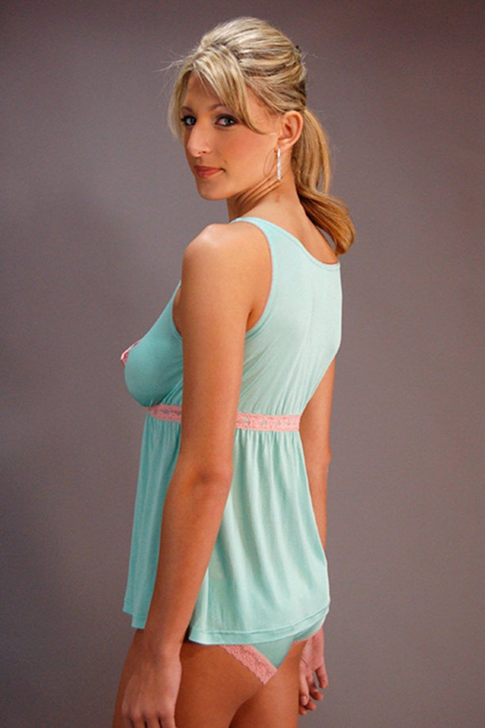 Babydoll Lace top - 100% Silk - Blue with Pink Lace