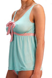 Babydoll Lace top - 100% Silk - Blue with Pink Lace