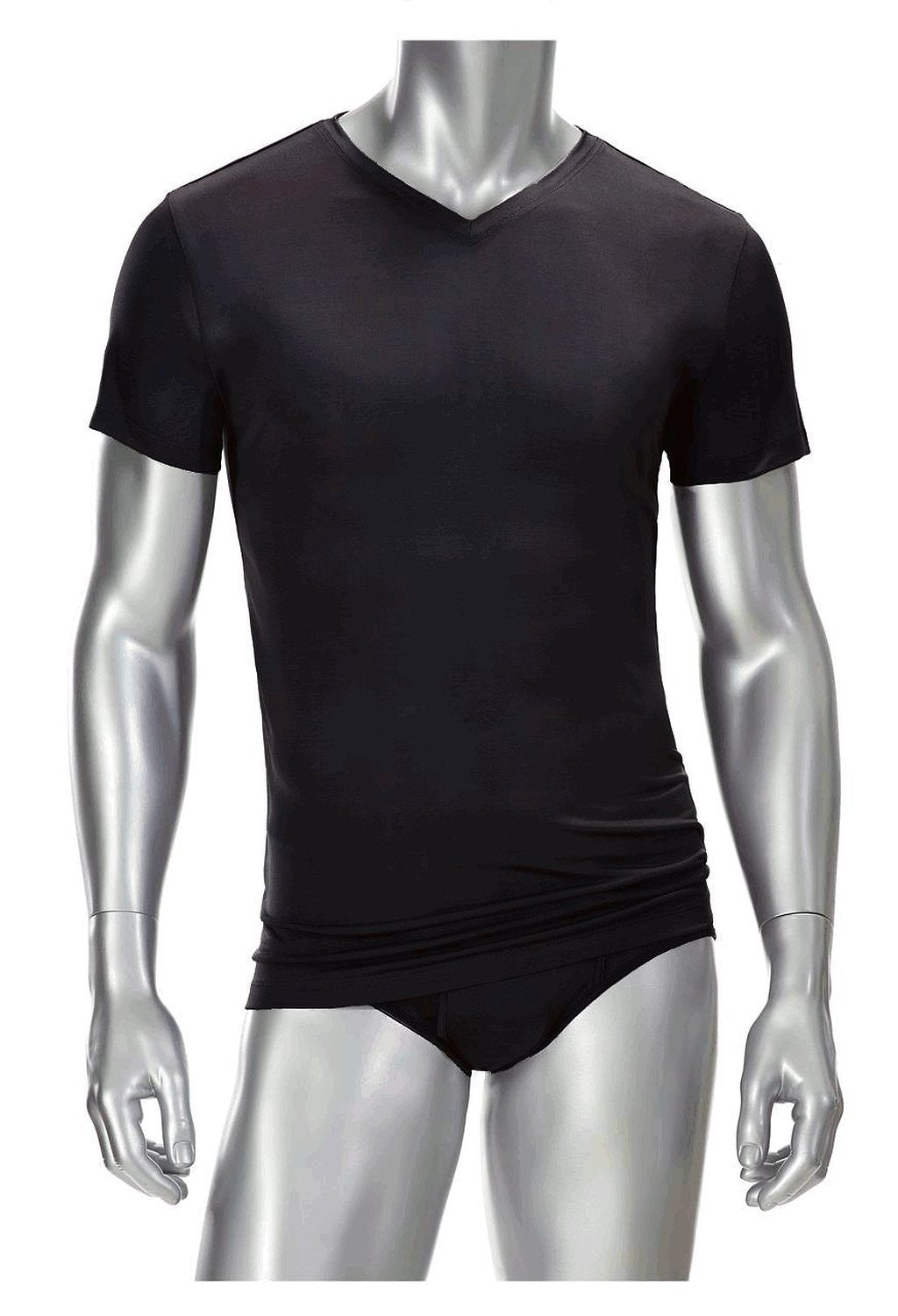 Mens V Neck T Shirt - 100% Silk - Black
