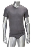 Mens V Neck T Shirt - 100% Silk - Dark Grey