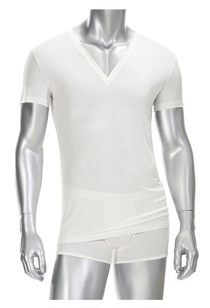 Mens Deep V Neck T Shirt - 100% Silk - White