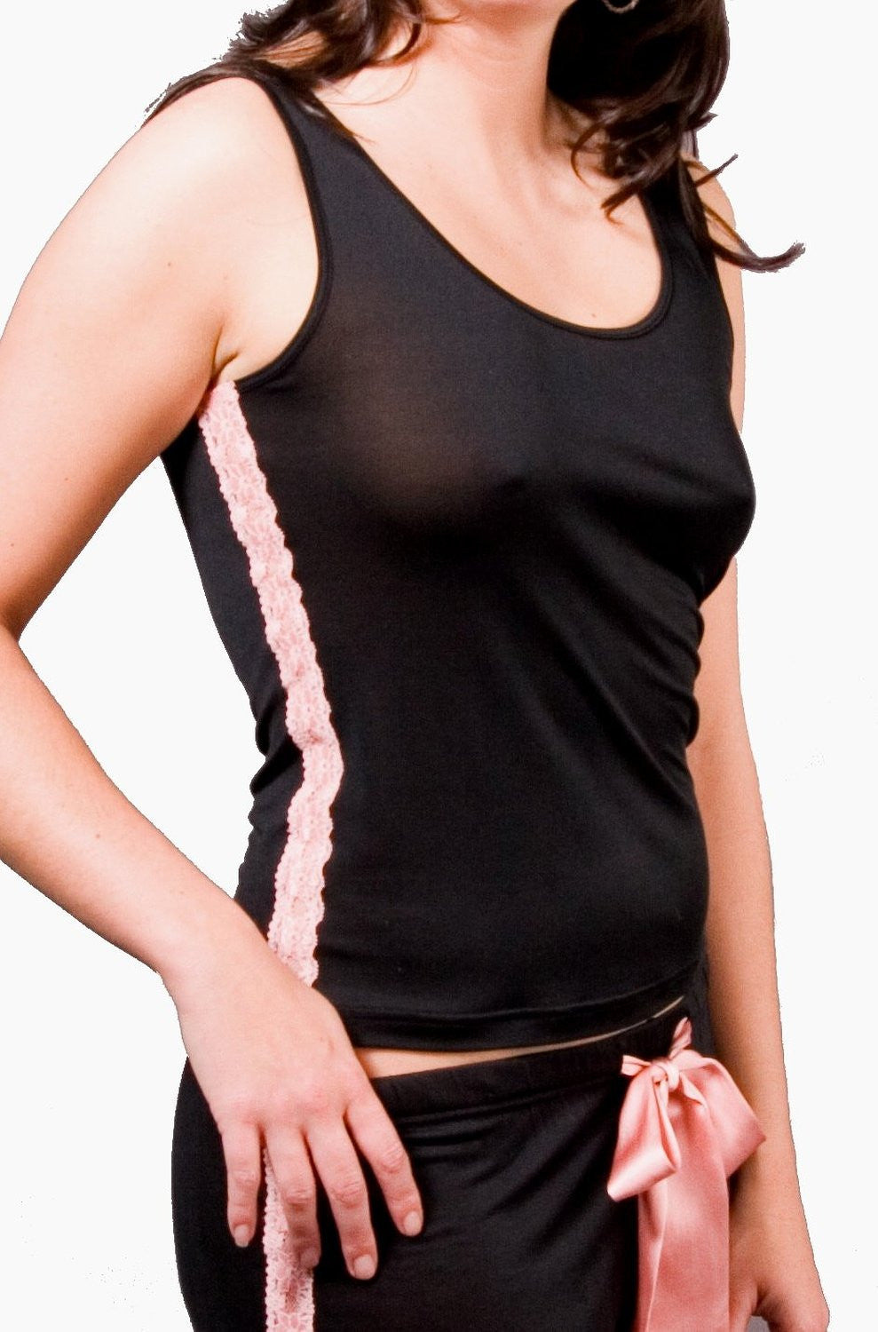 Lace Tank - 100% Silk - Black with Pink Lace